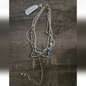 Lucky Brand Silver Multi-Strand Necklace with Blue and Yellow Beads
